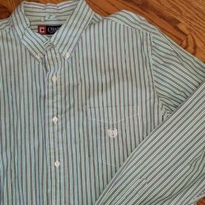 Vtg-Chaps Men's Shirt with Green, Blue and White Stripes Size: XL/TG